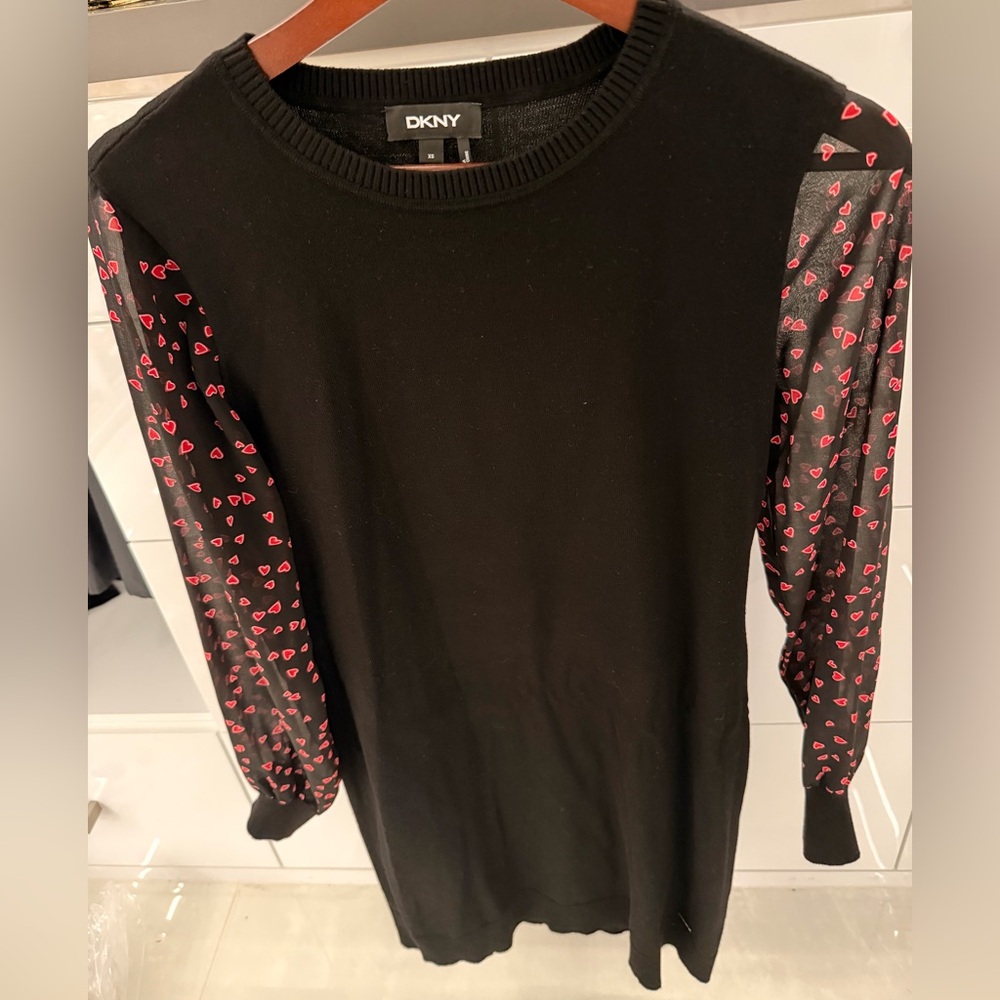 DKNY Black Crewneck Sweater  dresswith Red hearts on Sleeves